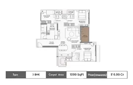 Adani Ten BKC 3 BHK floor plan, 1099 sq ft carpet area